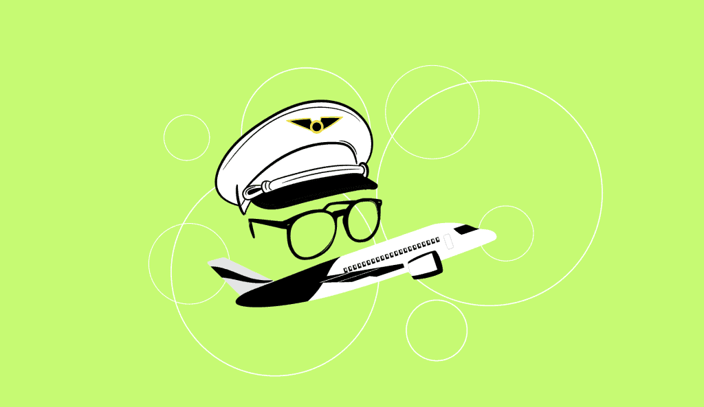A pilot with glasses and a plane flying past.