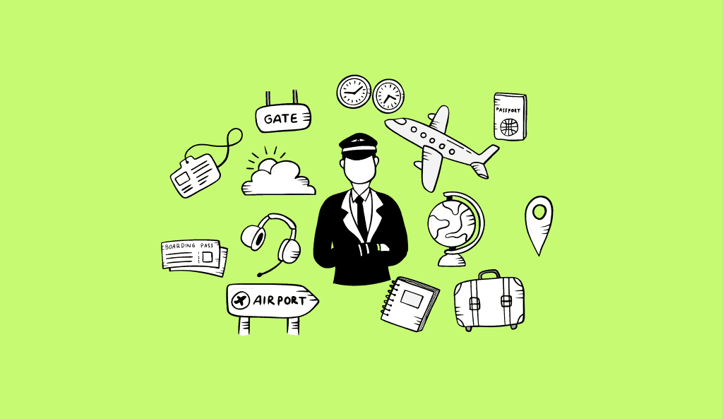 A pilot surrounded by different things, such as a globe, suitcase, plane.