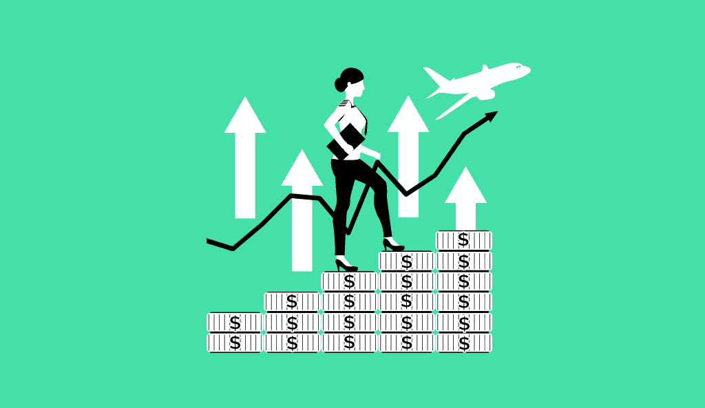 A female pilot climbing up the stairs of money, symbolising her pilot career progression and commercial pilot salary.