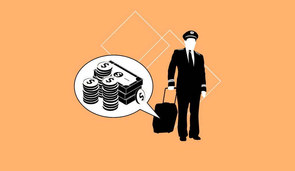 An airline captain pulling a suitcase full of money, signifying a pilot salary UK is higher for captains.