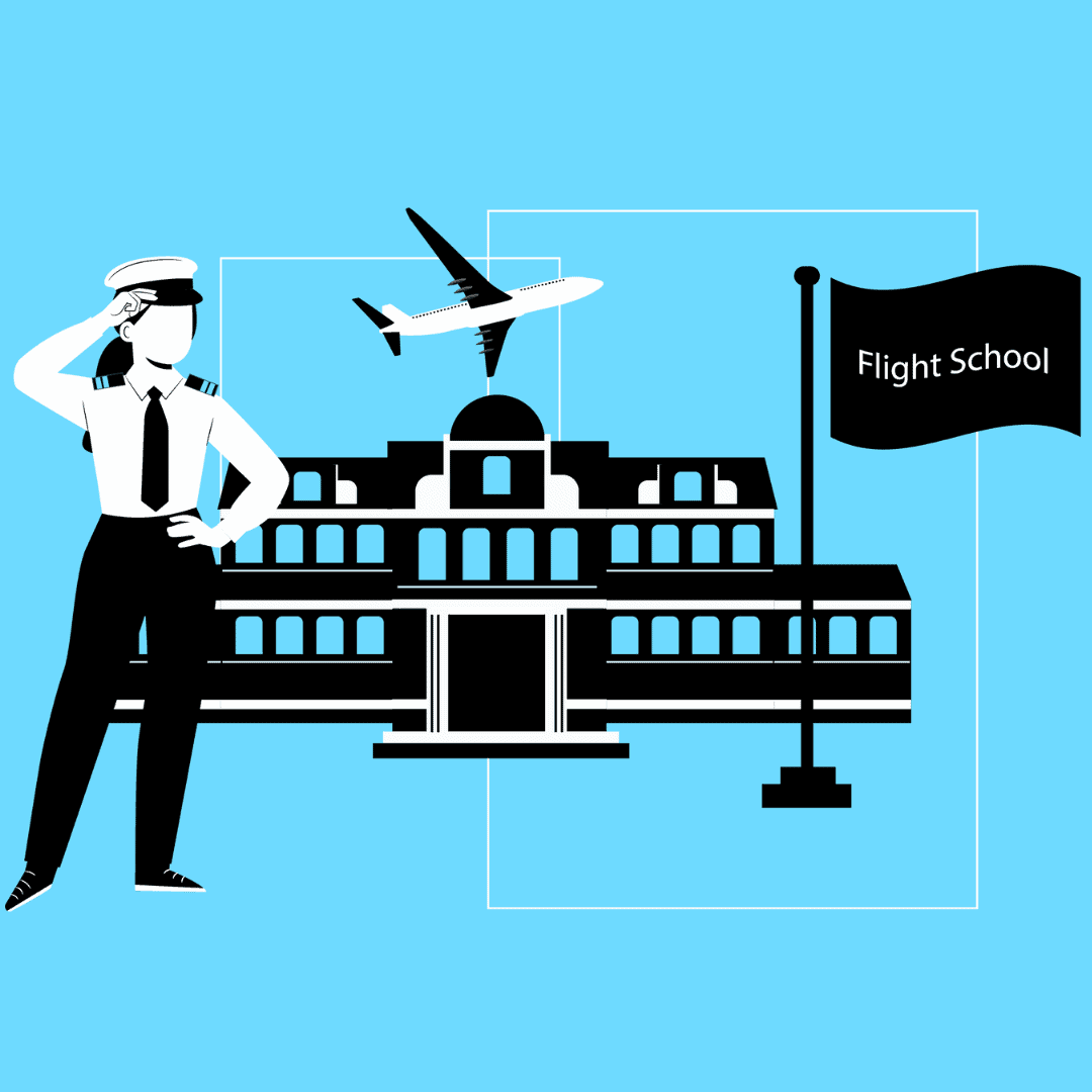 A female pilot stood in front of a building with a flag outside saying 'flight school' as an airplane flies overhead. She is looking for the best flight school