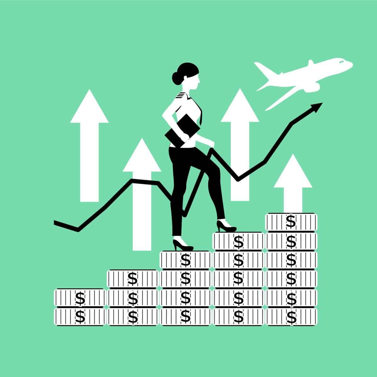 A female pilot climbing up the stairs of money, symbolising her pilot career progression and commercial pilot salary.
