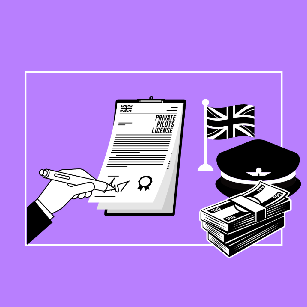 A hand signing a document stating 'private pilot license' with a UK flag behind.