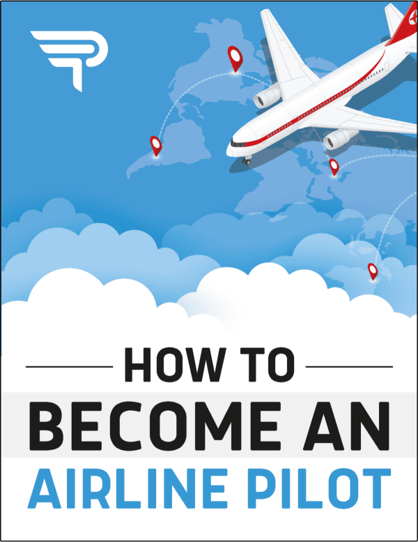 How To Become A Pilot - an ebook with the title of 'How To Become An Airline Pilot' with an airplane on top of a world map and clouds present.